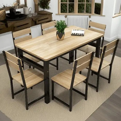 Sta80 - سفرة طعام مع 6 كراسي معدن بسطح خشب