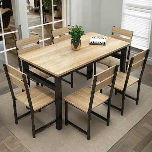 Sta80 - سفرة طعام مع 6 كراسي معدن بسطح خشب